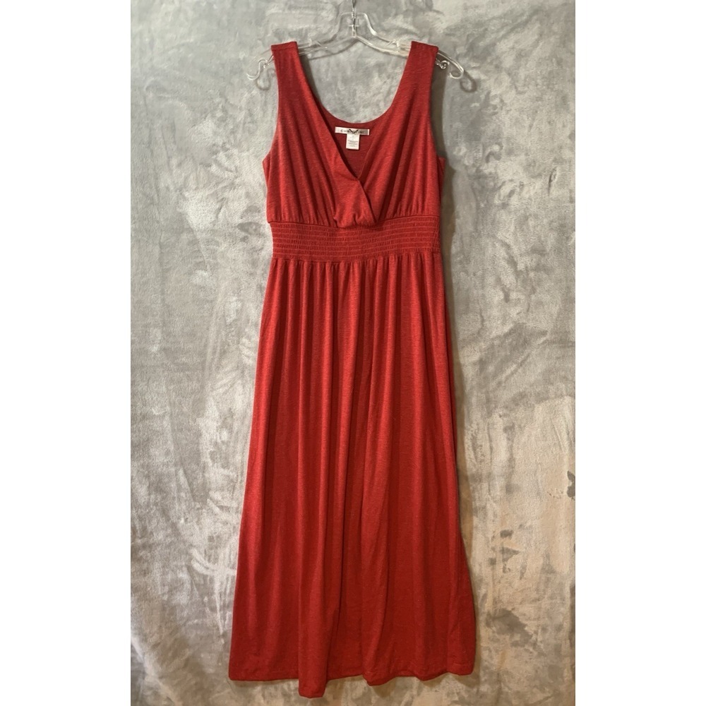 Christine Red V-Neck Smocked Waist Maxi Dress Med Knit Sleeveless Y2K Babydoll